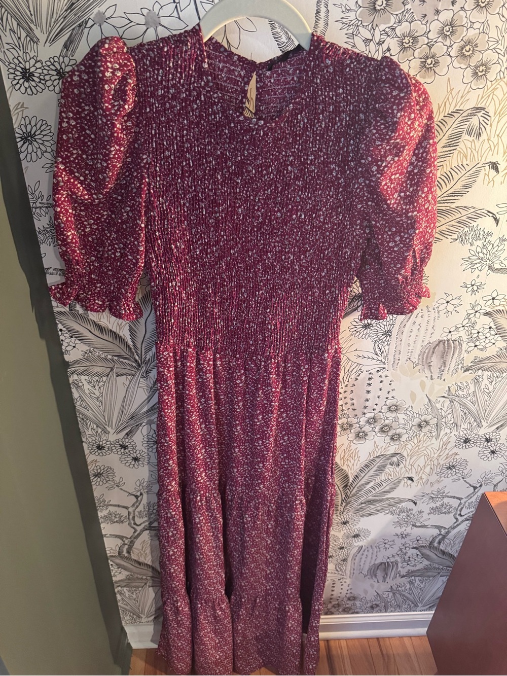 Smocked Burgundy Floral Maxi Dress with Puff Sleeves